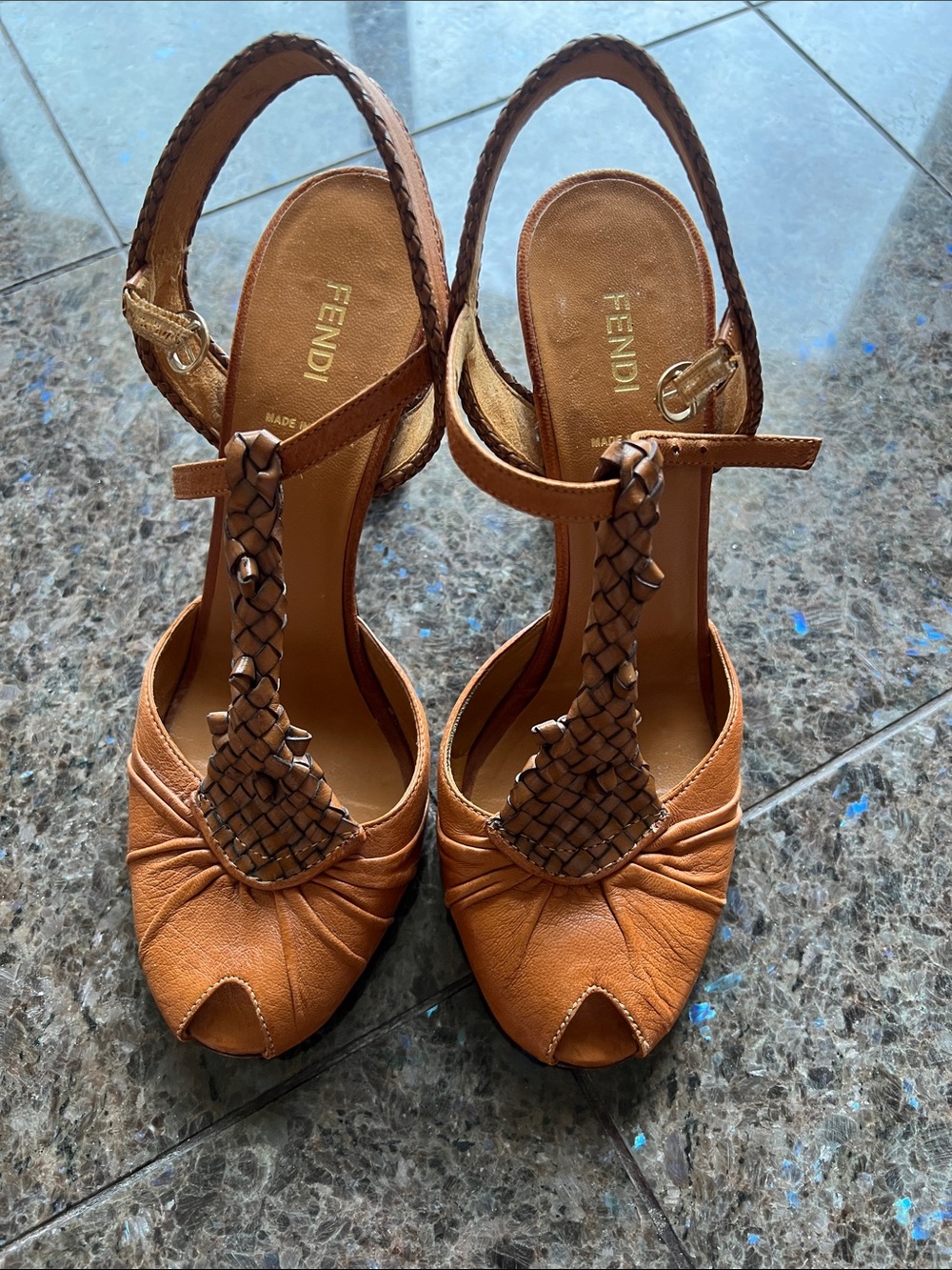 Fendi Tan Brown Woven T-Strap Slingback Sandals